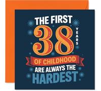 Carte d'anniversaire amusante 38 ans - Still Waiting to Grow Up ? - Motif « The First 38 Years of Childhood » bleu et orange - Carré de 145 mm, enveloppe incluse