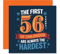Carte d'anniversaire amusante 56 ans - Still Mastering Childhood at 56 ans - Typographie ludique bleue et orange - Parfait pour les jeunes de cœur - Carré de 145 mm, enveloppe incluse