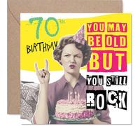 Carte d'anniversaire amusante 70 ans - Still Rocking at 70 - Humour rétro avec motif jaune et rose - Garanti pour un sourire d'anniversaire - Carré de 145 mm, enveloppe incluse