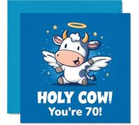 Carte d'anniversaire amusante 70 ans - Vache sacrée, 70 ans déjà ! - Vache ange dessin animé avec auréole et ailes sur un ciel bleu - Garantie de faire rire un grand anniversaire - Carré de 145 mm