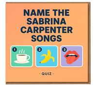 Carte d'anniversaire amusante avec chansons de charpentier Sabrina - Puzzle de musique pop avec icônes tasse à café, banane et lèvres - Pour les fans et les amis