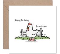 Carte d'anniversaire amusante - Chaussettes et plumes se heurtent - Poulet en chaussettes rayées apporte des rires d'anniversaire - Parfait pour tous ceux qui aiment un jeu de mots - Carré de 145 mm