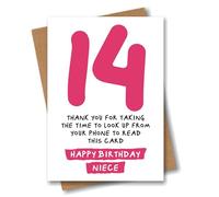 Carte d'anniversaire amusante pour 14e anniversaire pour nièce - Thank You for Looking Up from Your Phone - Carte d'anniversaire sarcastique pour quatorzième anniversaire