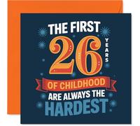 Carte d'anniversaire amusante pour 26 ans - Surviving 26 Years of Childhood - Humour audacieux en bleu et orange - Parfait pour ceux qui n'ont jamais assez grandi - Carré de 145 mm, enveloppe incluse