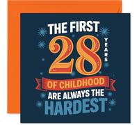 Carte d'anniversaire amusante pour 28e anniversaire - Still Clinging to Childhood - Typographie audacieuse bleu marine et orange - Garanti de rire à 28-145 mm carré, enveloppe incluse