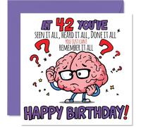 Carte d'anniversaire amusante pour 42e anniversaire - Brouillard de cerveau et rires d'anniversaire - Personnage de cerveau de dessin animé avec points d'interrogation - Parfait pour les types d'oubli