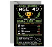 Carte d'anniversaire amusante pour 49e anniversaire - Améliorez vos rires d'anniversaire - Statistiques de jeu vidéo rétro Pixel Art et design de trophée - Clin d'œil à 49 avec humour de joueur