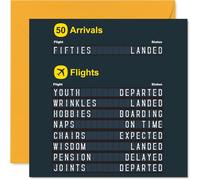 Carte d'anniversaire amusante pour 50e anniversaire - Embarquement pour les années 50 - Motif humoristique de style aéroport - Look ludique sur les virages carrés de 50 à 145 mm, enveloppe incluse