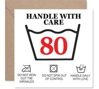Carte d'anniversaire amusante pour 80 ans - Avertissement : manipuler avec soin - Instructions d'entretien hilarantes avec 80e torsion - Carré de 145 mm, enveloppe incluse