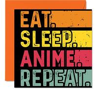Carte d'anniversaire amusante pour elle ou lui - Eat, Sleep, Anime, Repeat - Cartes d'anniversaire pour les amateurs d'animation japonaise, 145 mm x 145 mm, cartes de vœux d'anniversaire pour toutes