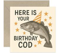 Carte d'anniversaire amusante pour homme et femme « Here Is Your Birthday Cod » - Motif amusant de jeu de mots pour frère, papa, mari, sœur, ami, fils - Carrée, vierge à l'intérieur avec enveloppe de