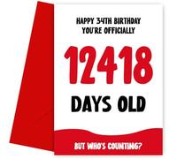 Carte d'anniversaire amusante pour homme et femme - Officiellement 12418 jours - Carte d'anniversaire humoristique pour 34 ans, cartes d'anniversaire