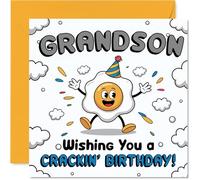 Carte d'anniversaire amusante pour petit-fils - Egg-cellent Laughs for Your Special Day - Œuf de dessin animé dans un chapeau de fête - Carré de 145 mm, enveloppe incluse