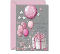 Carte d'anniversaire argentée pour fille - Cadeaux argentés et roses - Carte d'anniversaire pour fille de la part de papa maman, 12,7 x 17,8 cm, cartes de vœux d'anniversaire lumineuses et joyeuses