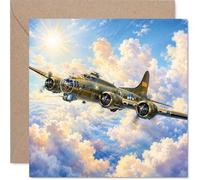 Carte d'anniversaire B-17 Flying Fortress - Nostalgie classique en temps de guerre - Superbe illustration peinte d'un bombardier vintage planant au-dessus des nuages dorés - Carré de 145 mm, enveloppe