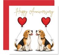 Carte d'anniversaire Beagle - Deux adorables chiots et ballons en forme de cœur - Paire d'illustrations ludiques définissent une ambiance d'anniversaire d'amour - Carré de 145 mm, enveloppe incluse