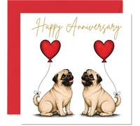 Carte d'anniversaire carlin - Deux adorables carlins avec ballons en forme de cœur - Les chiens mignons illustrés apportent amour et sourire - Carré de 145 mm, enveloppe incluse
