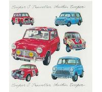 Carte d'anniversaire classique Mini Cooper, design vintage Austin Cooper et voyageur, intérieur vierge
