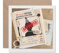 Carte d'anniversaire coquine, dossier d'anniversaire Top Secret | Dossier espion avec silhouette de chapeau de fête, humour vintage pour l'agent de célébration, carré de 145 mm