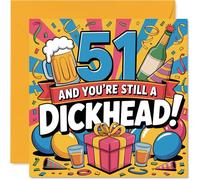 Carte d'anniversaire coquine pour 51e anniversaire - Still Causing Mischief at 51 - Motif coloré avec slogan audacieux - Sure to Get a Laugh from the Crowd - Carré de 145 mm, enveloppe incluse