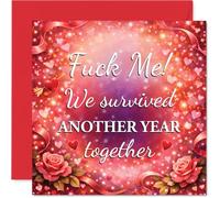 Carte d'anniversaire coquine - Survived Another Year Together - Cœurs et roses ludiques en rose vif et rouge, Saint-Valentin - Carré de 145 mm, enveloppe incluse