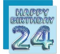 Carte d'anniversaire de 24 ans pour homme - Ballon de fête bleu pailleté - Cartes d'anniversaire pour homme de 24 ans, frère, fils, neveu, oncle, 145 mm x 145 mm