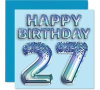 Carte d'anniversaire de 27e anniversaire pour homme - Ballon de fête bleu à paillettes - Cartes d'anniversaire pour homme de 27 ans, frère, fils, neveu, oncle, 145 mm x 145 mm, cartes de vœux