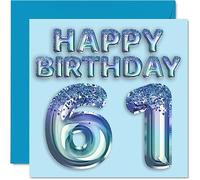 Carte d'anniversaire de 61e anniversaire pour homme - Ballon de fête bleu pailleté - Cartes d'anniversaire pour homme de 61 ans, oncle, grand-père, grand-père, grand-père, grand-père, grand-père,