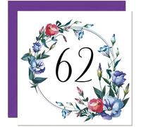 Carte d'anniversaire de 62 ans pour femme avec motif floral - Carte d'anniversaire florale pour femme de 62 ans, maman, tante, tante, amie, sœur, grand-mère, soixante et deuxième nounou