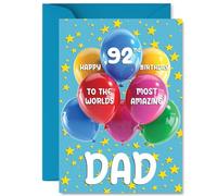 Carte d'anniversaire de 92 ans pour papa - Worlds Most Amazing - Carte d'anniversaire pour papa de 92 ans de la part de son fils, fille, ballons A5 et étoiles cartes de vœux d'anniversaire