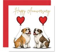 Carte d'anniversaire de bouledogue - Chiots ludiques et ballons en forme de cœur - Adorable couple avec écriture dorée - Façon légère de célébrer votre amour - Carré de 145 mm, enveloppe incluse
