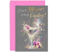 Carte d'anniversaire de célébration pour une amie ou un être cher, cadeau « Cheers to 39 Years of Being Fabulous », design graphique élégant, pour sœur, collègue, maman, fille, bestie, intérieur