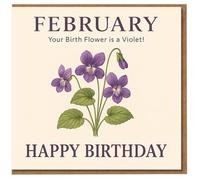 Carte d'anniversaire de février - Carte de vœux botanique violette avec illustration florale, élégante pour la naissance de février