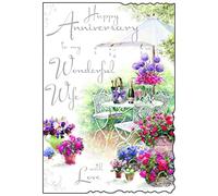 Carte d'anniversaire de mariage avec inscription « Wife On Our Wedding Anniversary » - Motif floral avec champagne - Feuille d'argent, paillettes et bord découpé - Fabriquée en Angleterre