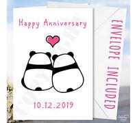 Carte d'anniversaire de mariage, fiançailles, relation, amitié, pandas - Format A5 - Pliée en A6