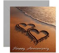 Carte d'anniversaire de mariage pour elle et lui, cœurs romantiques dessinés dans le sable sur la plage - Carte carrée, vierge à l'intérieur avec enveloppe