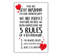 Carte d'anniversaire de mariage pour mari avec inscription « For My Sexy Husband on Our Anniversary ! We Are Perfect Together Because We Both Understand the 3 Rules... » 15,2 x 22,9 cm