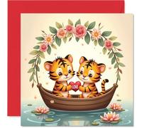 Carte d'anniversaire de mariage Tigres mignons - Bateau d'amour animal - Jolie carte d'anniversaire pour partenaire de la part de mari, épouse, petit ami, petite amie, 145 mm
