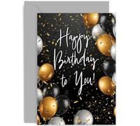 Carte d'anniversaire de qualité supérieure avec enveloppe pour lui et elle - Carte d'anniversaire avec ballons dorés et noirs pour homme et femme - Grand-père, oncle, ami, papa, frère - 40e, 50, 60,