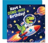 Carte d'anniversaire Dinosaure Out of This World Fun | Astronaute de dessin animé en train de se balancer dans l'espace, scène galaxie énergique et colorée, carré de 145 mm