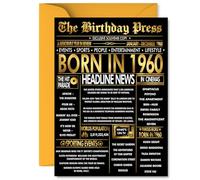 Carte d'anniversaire dorée de 65e anniversaire pour homme et femme - Journal noir et doré né en 1960 - Cartes d'anniversaire pour voisin, ami, nounou, frère, sœur, mari, 12,7 x 17,8 cm