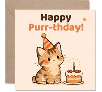 Carte d'anniversaire en forme de chats - Dites le avec des moustaches - Chaton ludique dans un chapeau de fête et illustration de gâteau - Parfait pour les amoureux des chats et les anniversaires