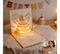 Carte d'anniversaire enregistrable, carte de gâteau pop-up 3D, lumières et son, carte de félicitations d'anniversaire 3D, cartes de vœux avec enveloppes (doré)