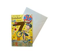 Carte d'anniversaire « Express Yourself » pour petit-fils de 7 ans - Enveloppe et badge inclus - Motif petit garçon à vélo