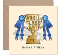 Carte d'anniversaire fière - Top of the Pops Vibes - Trophée et ruban bleu pour un papa de classe mondiale - Débordant de joie d'anniversaire - Carré de 145 mm, enveloppe incluse