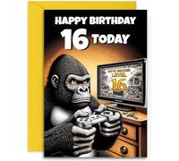 Carte d'anniversaire Gaming 16 ans - Design Gorilla Level Up - Format A5 avec enveloppe jaune. Carte amusante pour garçon, cousin, ami, neveu, fils, petit-fils. Conçue et imprimée au Royaume-Uni