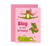 Carte d'anniversaire grenouille - « Slay on Your Birthday ! » - Carte de vœux mignonne et impertinente pour amis, sœur, meilleures amies, petite amie, collègues, elle - Livré avec des autocollants