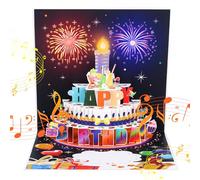 Carte d'anniversaire Happy Birthday Pop Up - Avec musique et lumière - 3D - Feux d'artifice - Cadeau d'anniversaire pour femme, homme, petite amie - Avec 0 à 9 chiffres - Bleu
