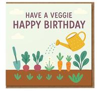 Carte d'anniversaire « Have a Veggie » - Jeu de mots de jardinage avec arrosoir, carottes et betterave - Carte amusante pour jardinier, végétalien ou amateur de légumes