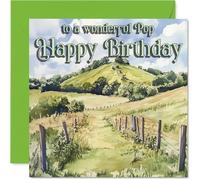 Carte d'anniversaire Heartfelt pour Pop - Warm Wishes for Pop - Scène de paysage serein avec collines et ciel clair - Carré de 145 mm, enveloppe incluse